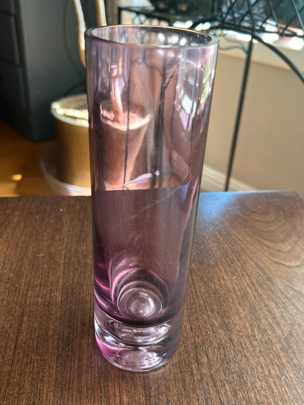 vintage hand-blown purple crystal cylinder with a controlled bubble base